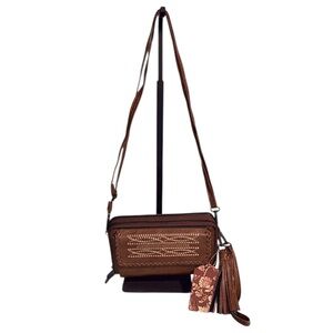 Sam & Hadley Brown Vegan Leather Embroidered Tassel Crossbody Bag NWT